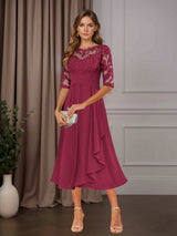 Free Shipping A-Line Chiffon Mother of the Bride Dress Tea Length Scoop Neck Half Sleeves Ruffle Appliques