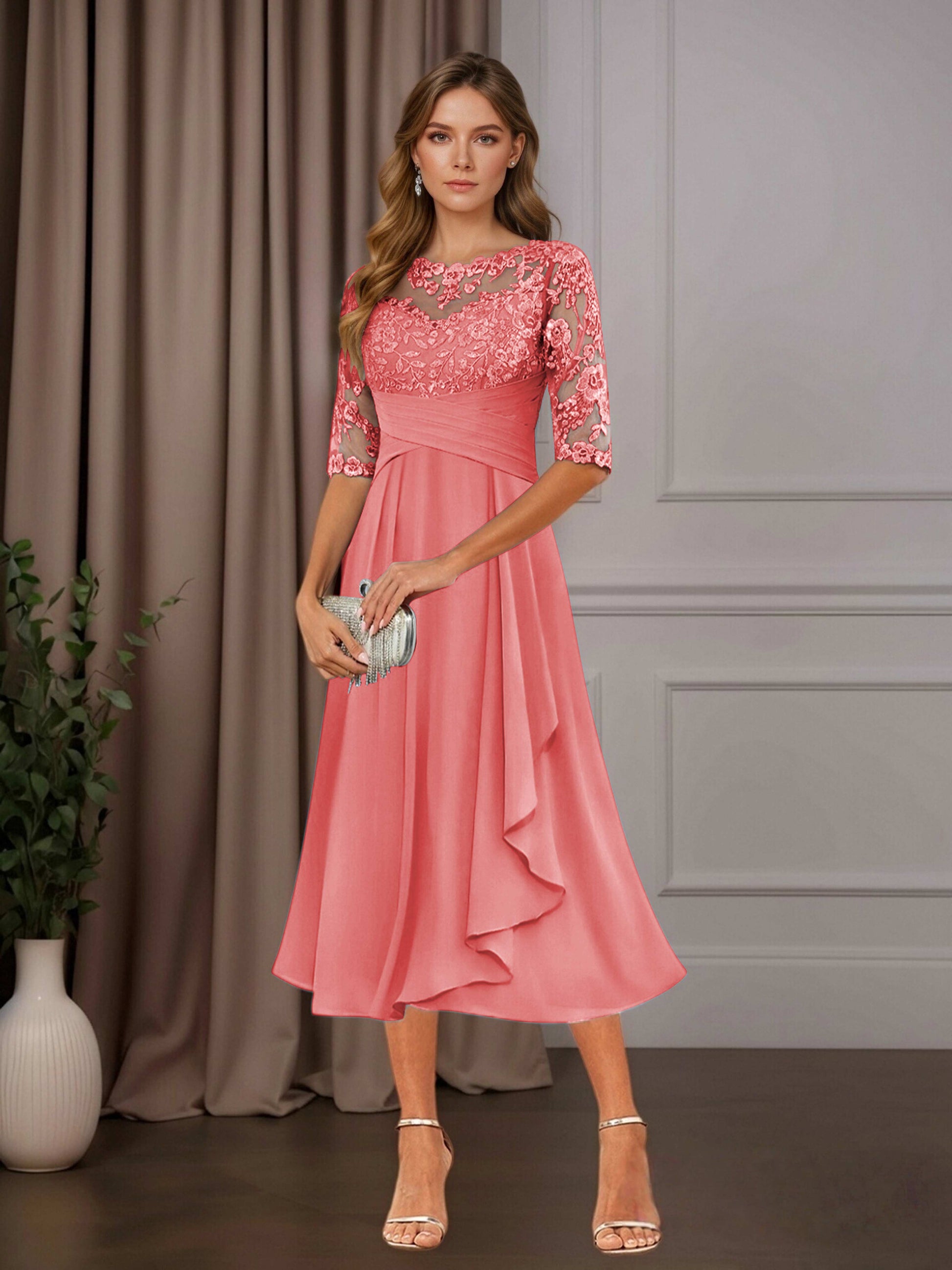 Free Shipping A-Line Chiffon Mother of the Bride Dress Tea Length Scoo –