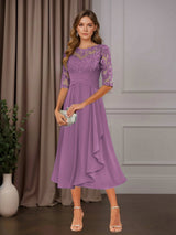 Free Shipping A-Line Chiffon Mother of the Bride Dress Tea Length Scoop Neck Half Sleeves Ruffle Appliques