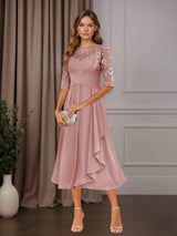 Free Shipping A-Line Chiffon Mother of the Bride Dress Tea Length Scoop Neck Half Sleeves Ruffle Appliques