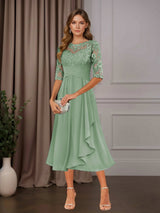 Free Shipping A-Line Chiffon Mother of the Bride Dress Tea Length Scoop Neck Half Sleeves Ruffle Appliques