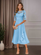 Free Shipping A-Line Chiffon Mother of the Bride Dress Tea Length Scoop Neck Half Sleeves Ruffle Appliques