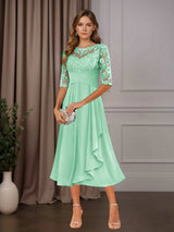 Free Shipping A-Line Chiffon Mother of the Bride Dress Tea Length Scoop Neck Half Sleeves Ruffle Appliques