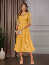 Free Shipping A-Line Chiffon Mother of the Bride Dress Tea Length Scoop Neck Half Sleeves Ruffle Appliques