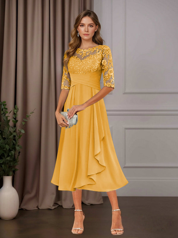 Mustard Free Shipping A-Line Chiffon Mother of the Bride Dress Tea Length Scoop Neck Half Sleeves Ruffle Appliques