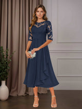 Free Shipping A-Line Chiffon Mother of the Bride Dress Tea Length Scoop Neck Half Sleeves Ruffle Appliques