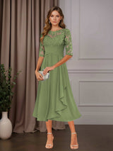 Free Shipping A-Line Chiffon Mother of the Bride Dress Tea Length Scoop Neck Half Sleeves Ruffle Appliques