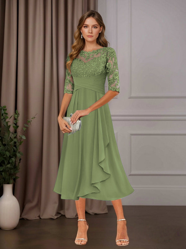 Olive Green Free Shipping A-Line Chiffon Mother of the Bride Dress Tea Length Scoop Neck Half Sleeves Ruffle Appliques