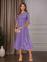 Free Shipping A-Line Chiffon Mother of the Bride Dress Tea Length Scoop Neck Half Sleeves Ruffle Appliques