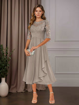 Free Shipping A-Line Chiffon Mother of the Bride Dress Tea Length Scoop Neck Half Sleeves Ruffle Appliques