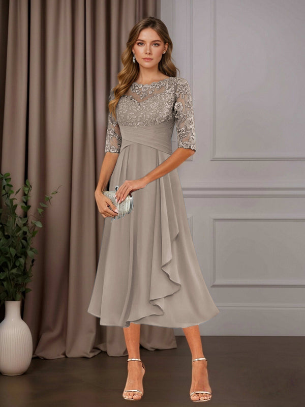 Taupe Free Shipping A-Line Chiffon Mother of the Bride Dress Tea Length Scoop Neck Half Sleeves Ruffle Appliques