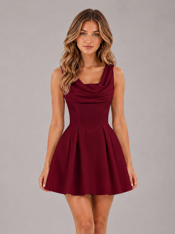 Burgundy A-Line Cowl Neck Sleeveless Lace Up Back Mini Cocktail Homecoming Dresses