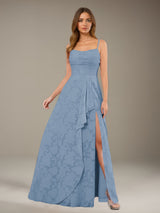 Free Shipping A-Line Floral Lace Bridesmaid Dress Spaghetti Straps Floor Length with Side Slit