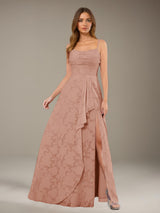 Free Shipping A-Line Floral Lace Bridesmaid Dress Spaghetti Straps Floor Length with Side Slit