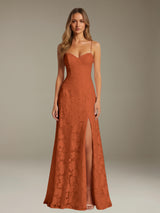 Free Shipping A-Line Floral Lace Graduation Dress Sweetheart Spaghetti Straps Floor Length with Side Slit Zipper Back