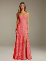 Free Shipping A-Line Floral Lace Graduation Dress Sweetheart Spaghetti Straps Floor Length with Side Slit Zipper Back