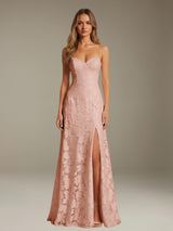 Free Shipping A-Line Floral Lace Graduation Dress Sweetheart Spaghetti Straps Floor Length with Side Slit Zipper Back