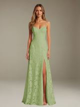 Free Shipping A-Line Floral Lace Graduation Dress Sweetheart Spaghetti Straps Floor Length with Side Slit Zipper Back
