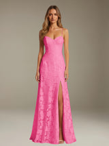 Free Shipping A-Line Floral Lace Graduation Dress Sweetheart Spaghetti Straps Floor Length with Side Slit Zipper Back