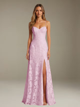 Free Shipping A-Line Floral Lace Graduation Dress Sweetheart Spaghetti Straps Floor Length with Side Slit Zipper Back