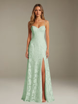 Free Shipping A-Line Floral Lace Graduation Dress Sweetheart Spaghetti Straps Floor Length with Side Slit Zipper Back