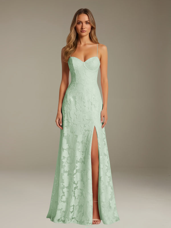 Mint Green Free Shipping A-Line Floral Lace Graduation Dress Sweetheart Spaghetti Straps Floor Length with Side Slit Zipper