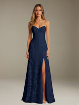 Free Shipping A-Line Floral Lace Graduation Dress Sweetheart Spaghetti Straps Floor Length with Side Slit Zipper Back