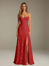 Free Shipping A-Line Floral Lace Graduation Dress Sweetheart Spaghetti Straps Floor Length with Side Slit Zipper Back