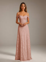 Free Shipping A-Line Floral Lace Spaghetti Straps & Off-the-Shoulder Prom Dress Floor Length