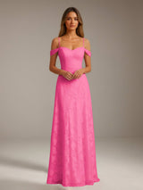 Free Shipping A-Line Floral Lace Spaghetti Straps & Off-the-Shoulder Prom Dress Floor Length