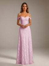 Free Shipping A-Line Floral Lace Spaghetti Straps & Off-the-Shoulder Prom Dress Floor Length