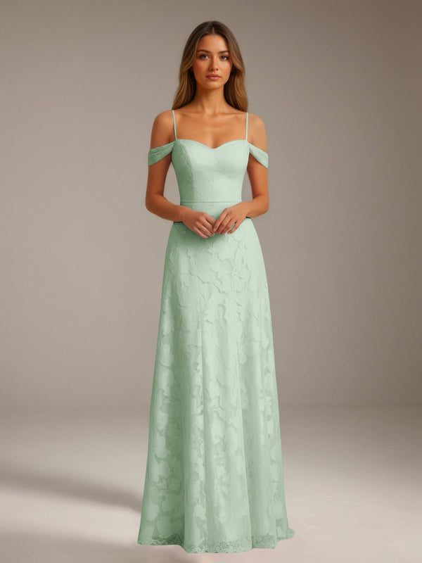 Mint Green Free Shipping A-Line Floral Lace Spaghetti Straps & Off-the-Shoulder Prom Dress Floor Length