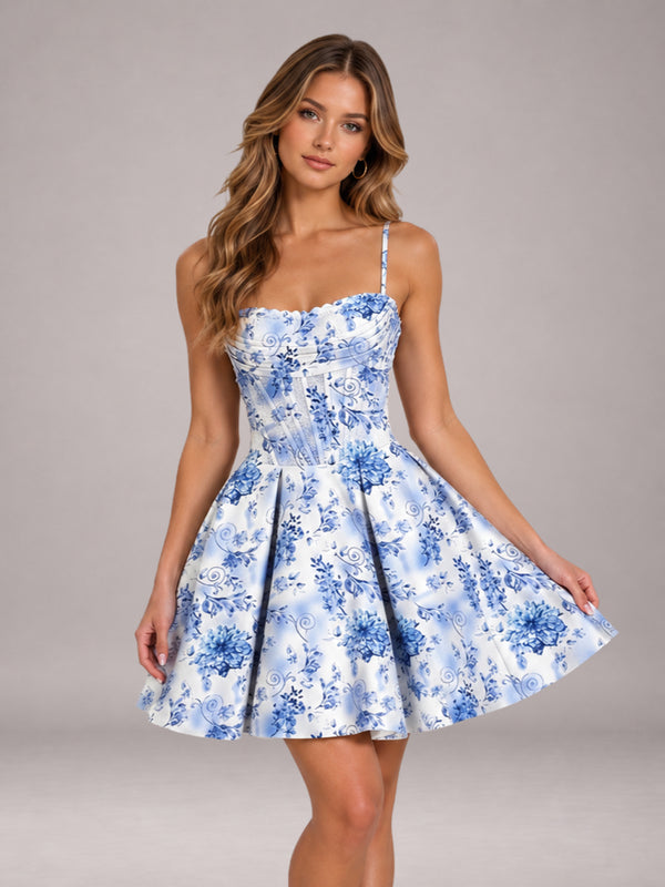 Blue Free Shipping A-Line Floral Homecoming Dress with Lace-Up Corset Bodice