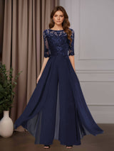 A-Line Half Sleeves Scoop Neck Mother of the Bride Pantsuits with Appliques & Ruffles