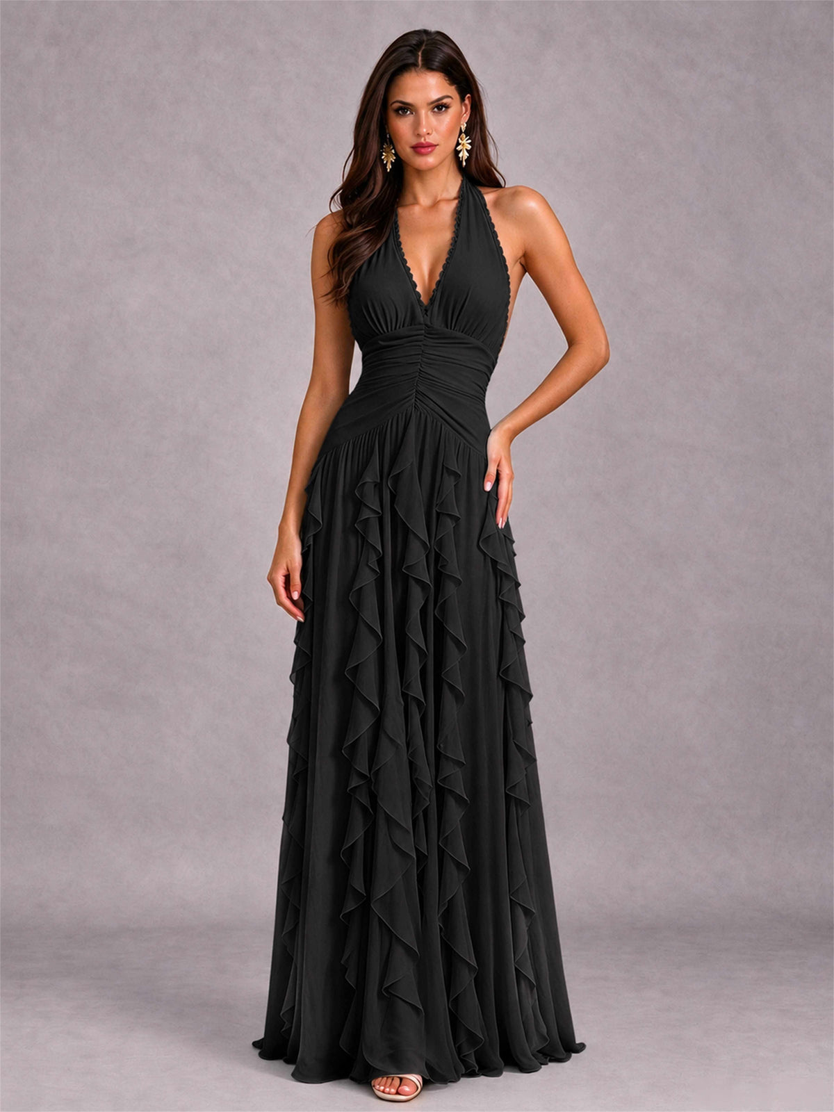 A-Line Halter Neck Ruffle Pleated Floor-Length Chiffon Evening Dress