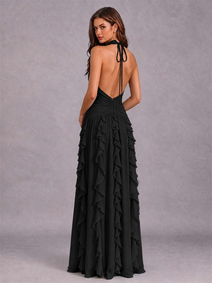 A-Line Halter Neck Ruffle Pleated Floor-Length Chiffon Evening Dress