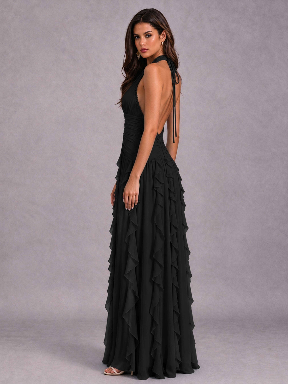 A-Line Halter Neck Ruffle Pleated Floor-Length Chiffon Evening Dress
