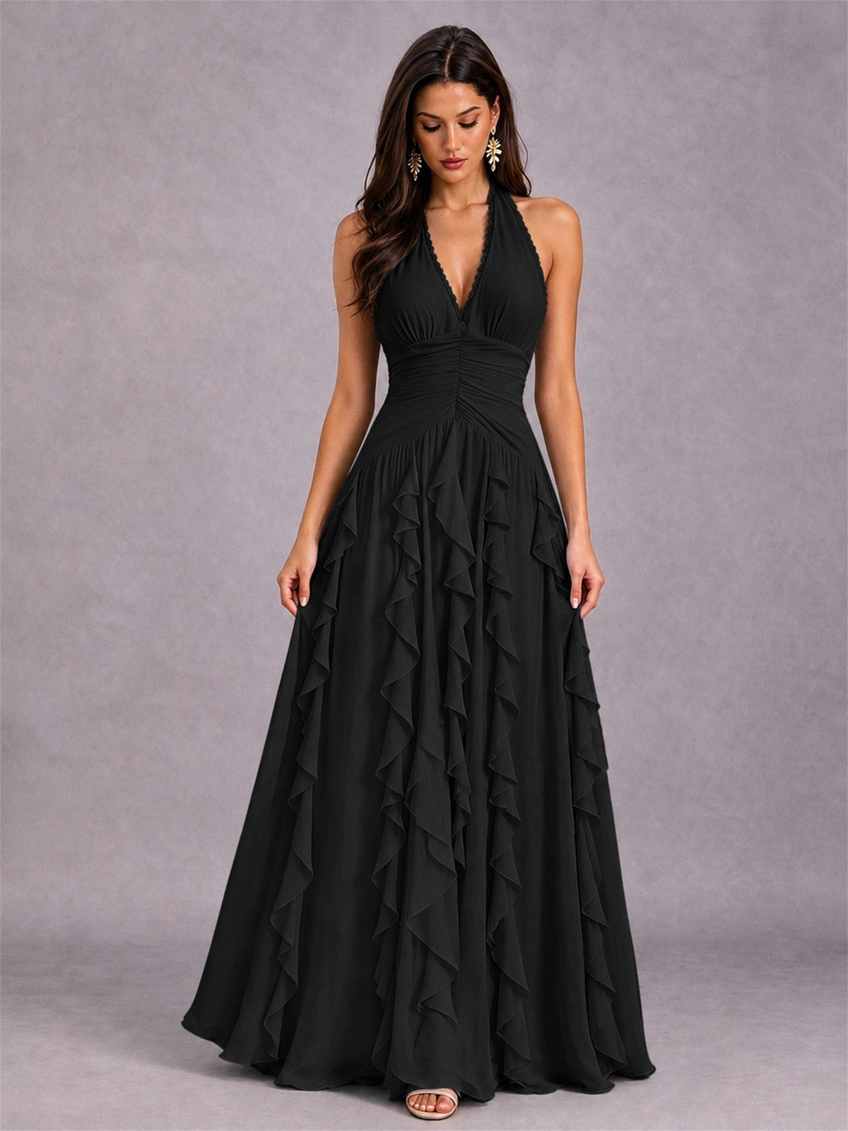 A-Line Halter Neck Ruffle Pleated Floor-Length Chiffon Evening Dress