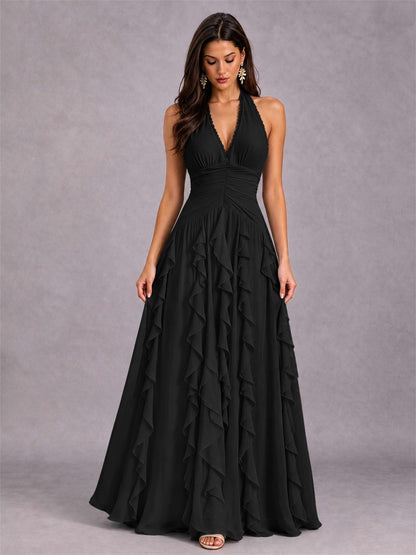 A-Line Halter Neck Ruffle Pleated Floor-Length Chiffon Evening Dress