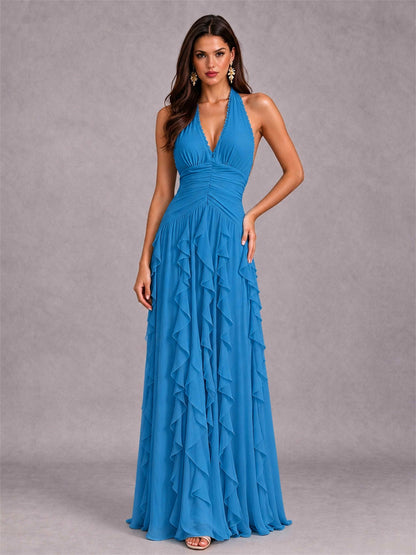 A-Line Halter Neck Ruffle Pleated Floor-Length Chiffon Evening Dress