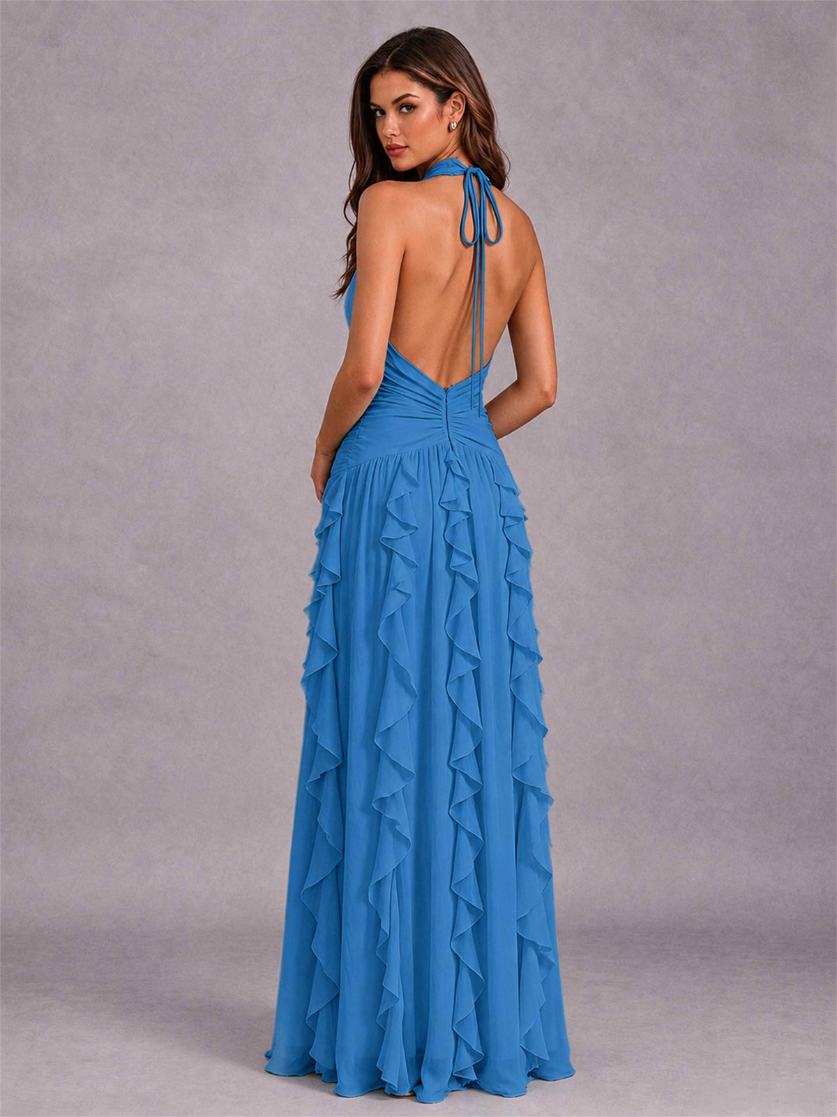 A-Line Halter Neck Ruffle Pleated Floor-Length Chiffon Evening Dress