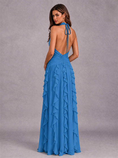 A-Line Halter Neck Ruffle Pleated Floor-Length Chiffon Evening Dress