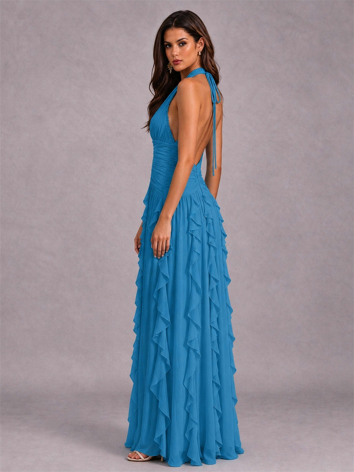 A-Line Halter Neck Ruffle Pleated Floor-Length Chiffon Evening Dress