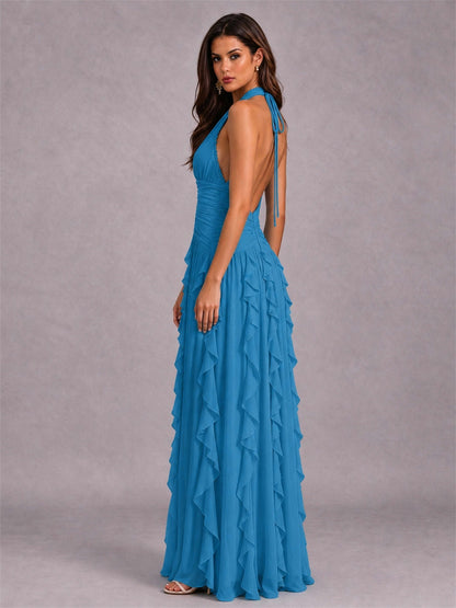 A-Line Halter Neck Ruffle Pleated Floor-Length Chiffon Evening Dress