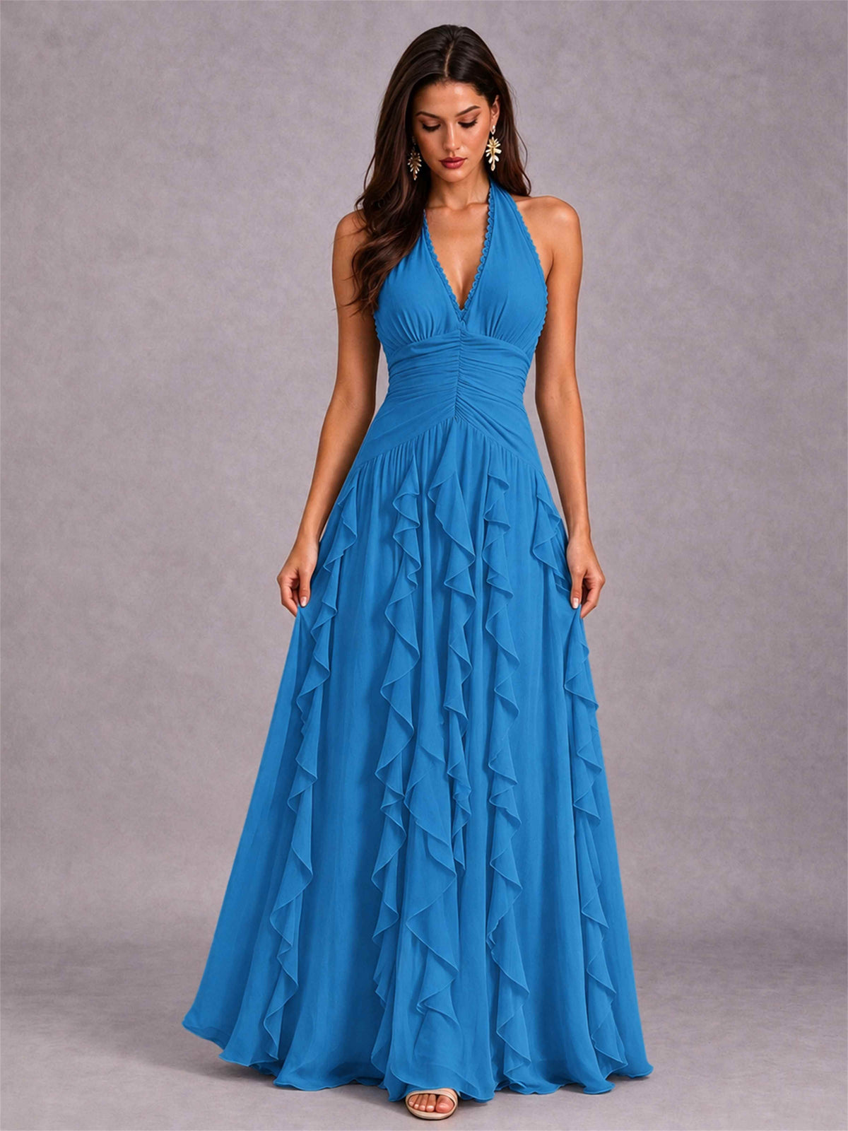 A-Line Halter Neck Ruffle Pleated Floor-Length Chiffon Evening Dress