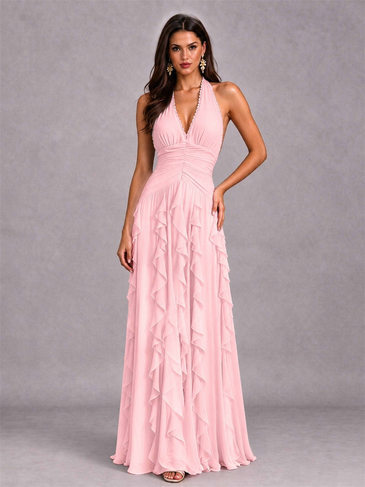 A-Line Halter Neck Ruffle Pleated Floor-Length Chiffon Evening Dress