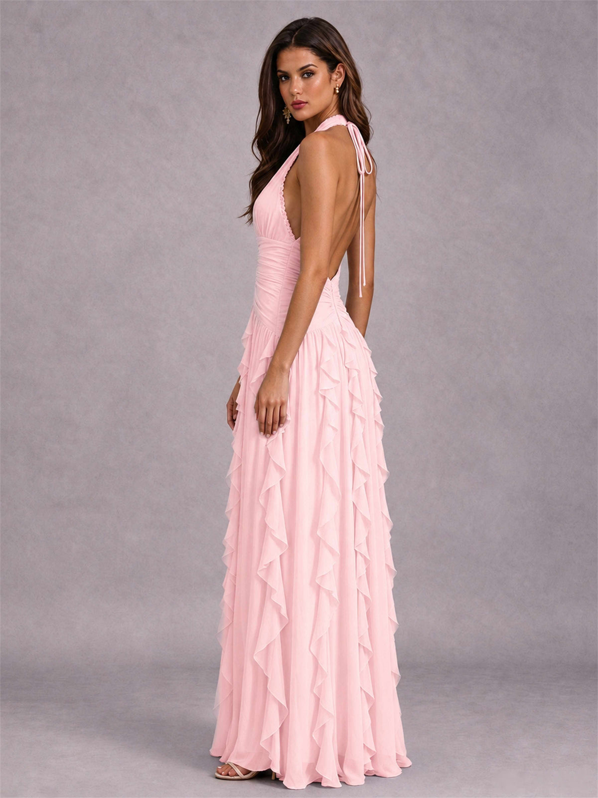 A-Line Halter Neck Ruffle Pleated Floor-Length Chiffon Evening Dress