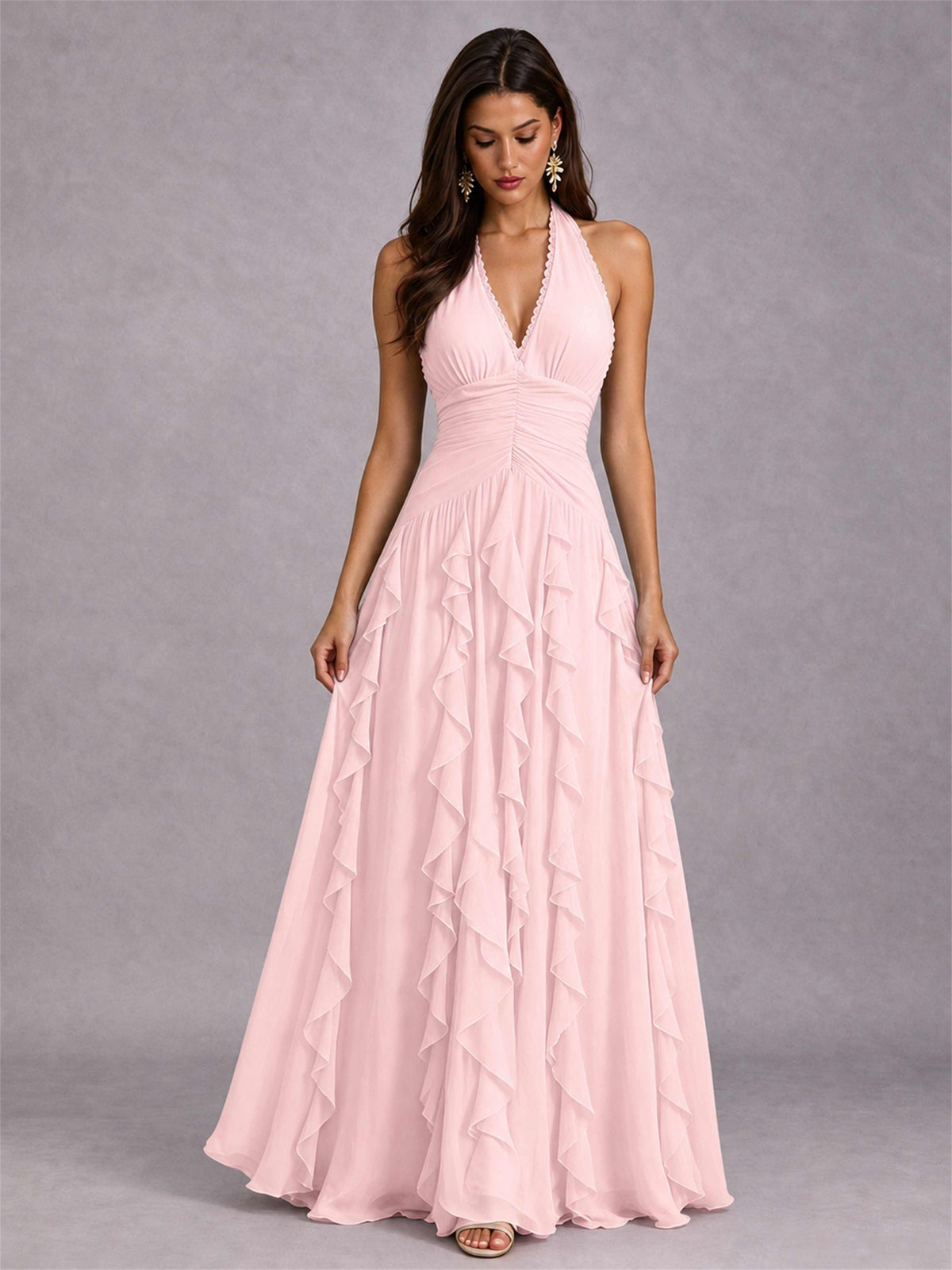 A-Line Halter Neck Ruffle Pleated Floor-Length Chiffon Evening Dress