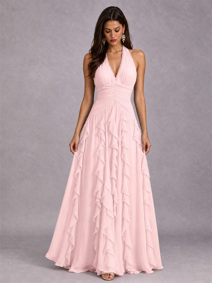 A-Line Halter Neck Ruffle Pleated Floor-Length Chiffon Evening Dress
