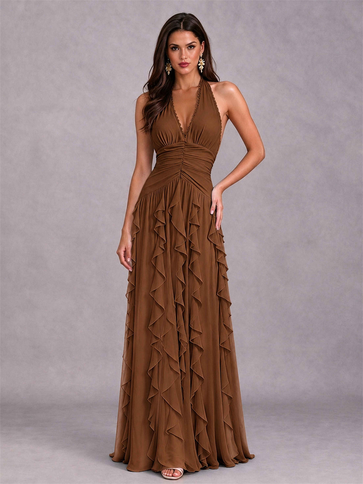 A-Line Halter Neck Ruffle Pleated Floor-Length Chiffon Evening Dress